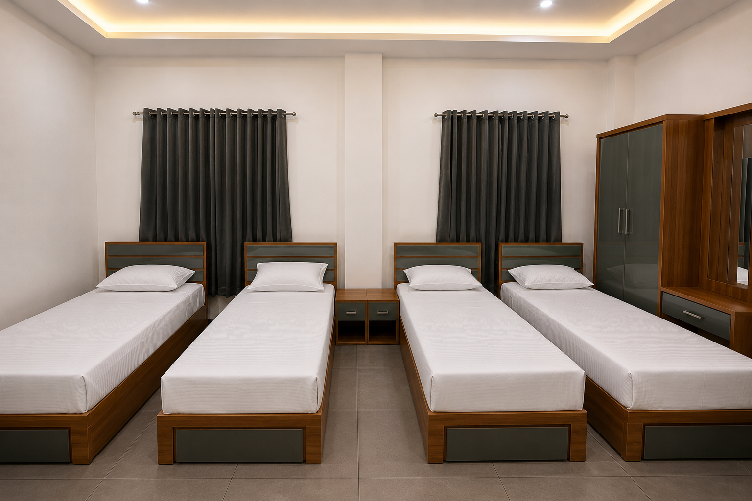 Dormitory all 4 single beds front view